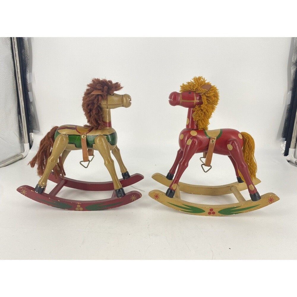 Set of 2 Vintage Wooden Rocking Horse Christmas Decor 9” Yarn Mane Tail